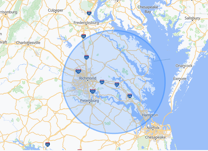 Map of Brentwood Inspect service area from Tappahannock to Windsor, Midlothian to Hampton, Virginia
