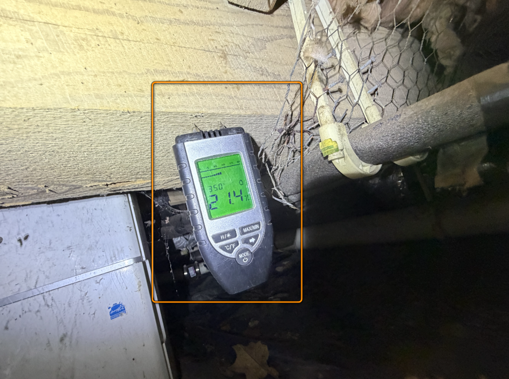 Moisture meter verifying high moisture percentage in crawl space floor joist.